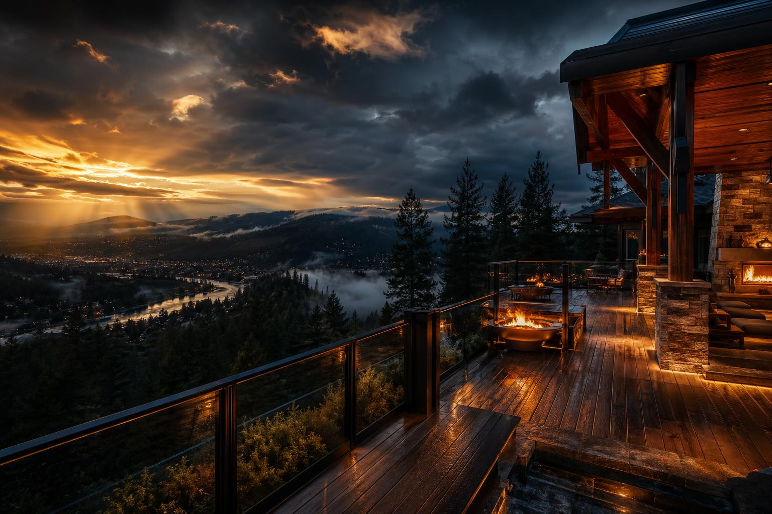 Custom Spokane deck at dusk with infinity glass railing, warm integrated lighting and timber roof cover overlooking the Inland Northwest valley.